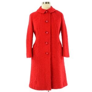60s Vintage Red Wool Boucle Coat Womens L Mod Silk Lined Overcoat Winter Jacket